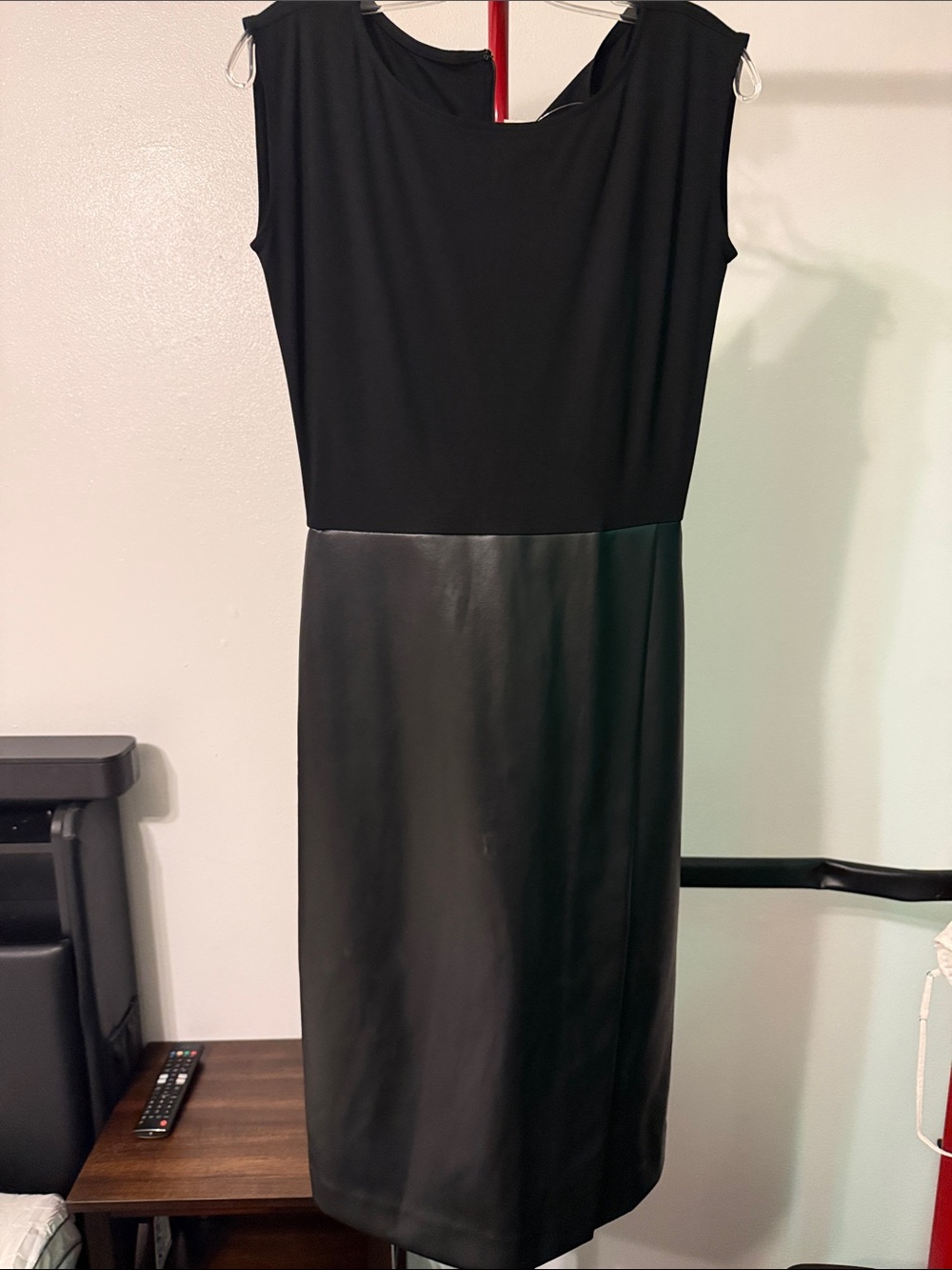 Ann Taylor Black Sleeveless Midi Dress with Faux Leather Skirt